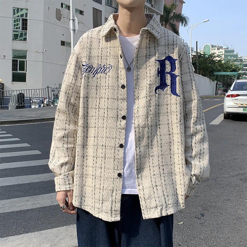 Men's Letter Embroidery Plaid Long Sleeve Shirts by GJG Denim