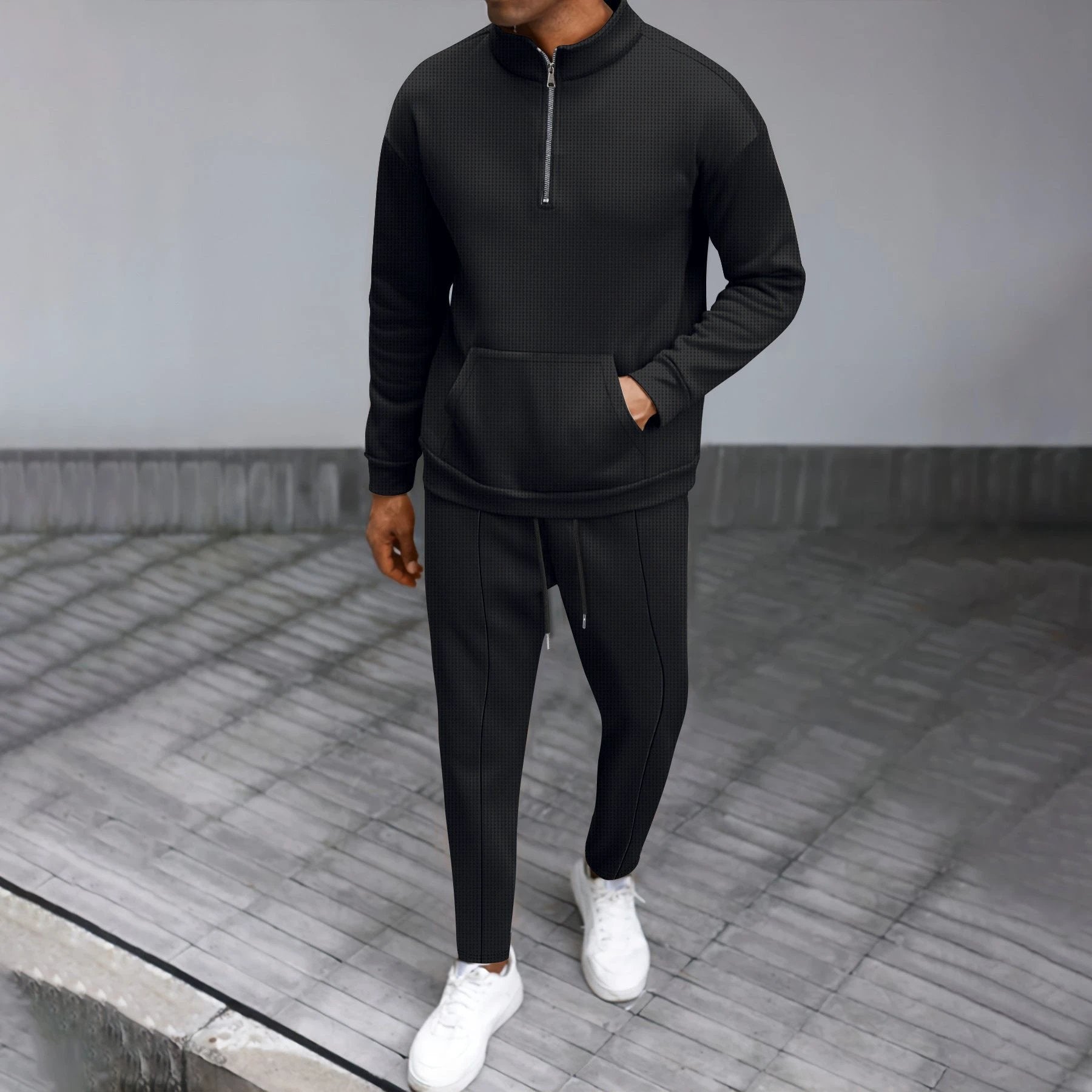 Turtleneck Half Zip Pocket Long Sleeve Sweater Trousers Casual Suit by GJG Denim