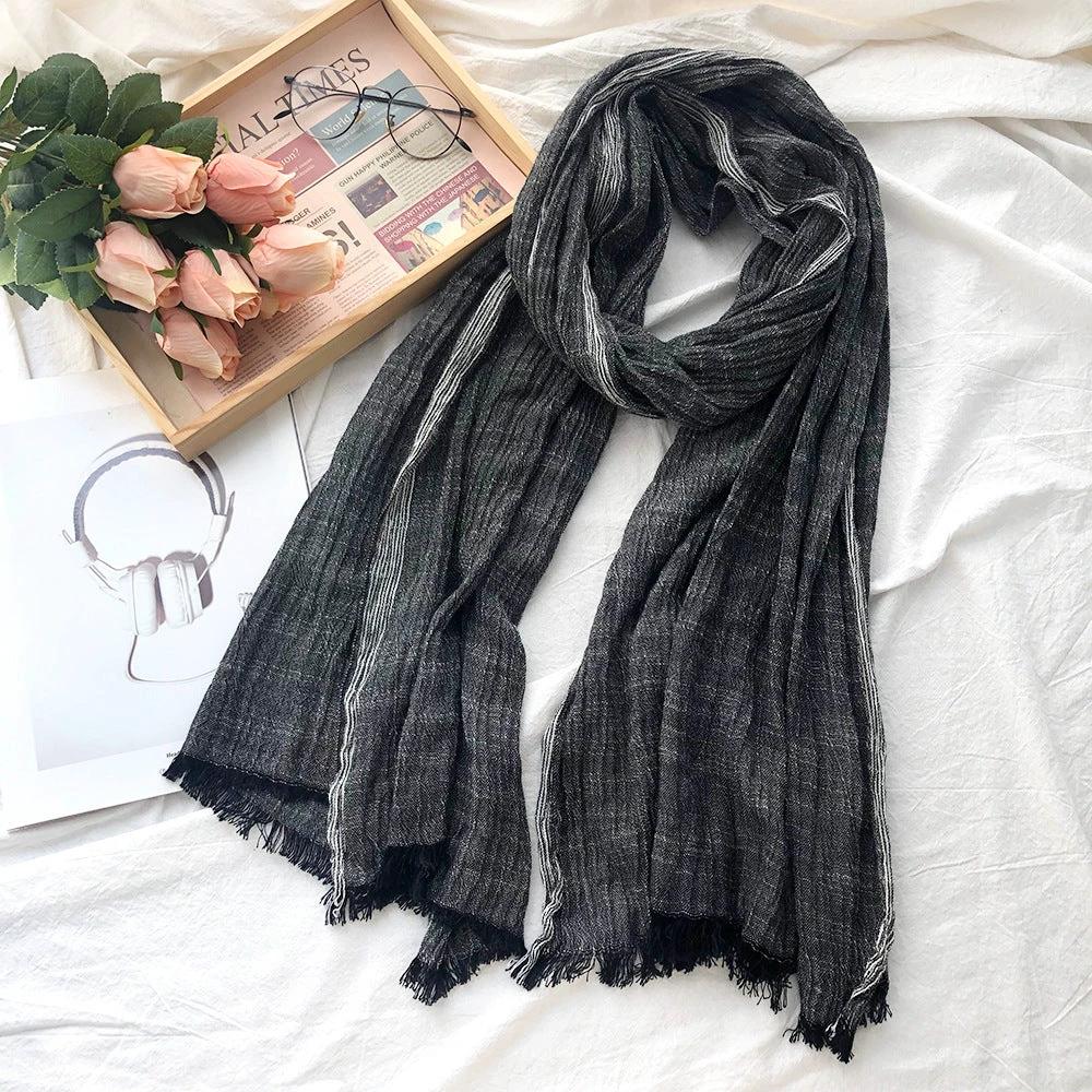 Thin Striped Solid Color Cotton And Linen Scarf by GJG Denim