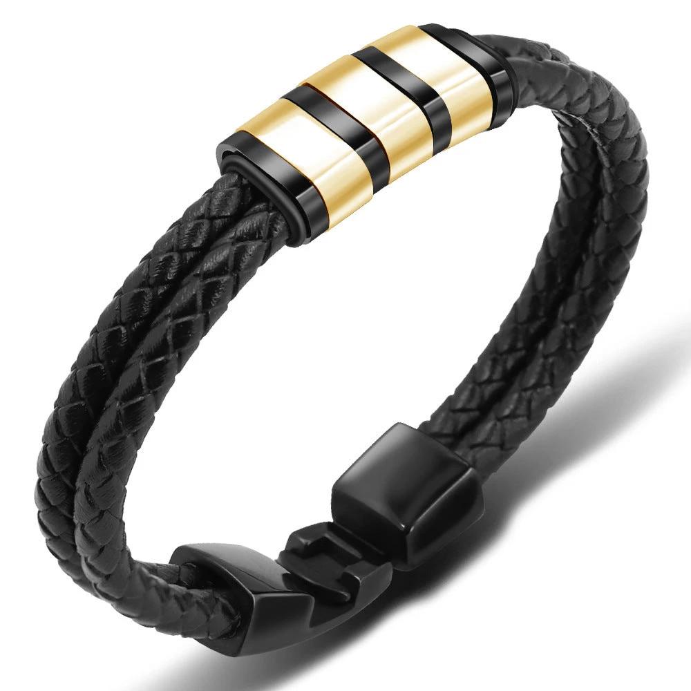Black Leather Braided Stainless Steel Bead Bracelet For Men by GJG Denim