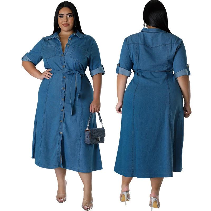 Denim Lapel Long Sleeve Tied Midi Dress by GJG Denim