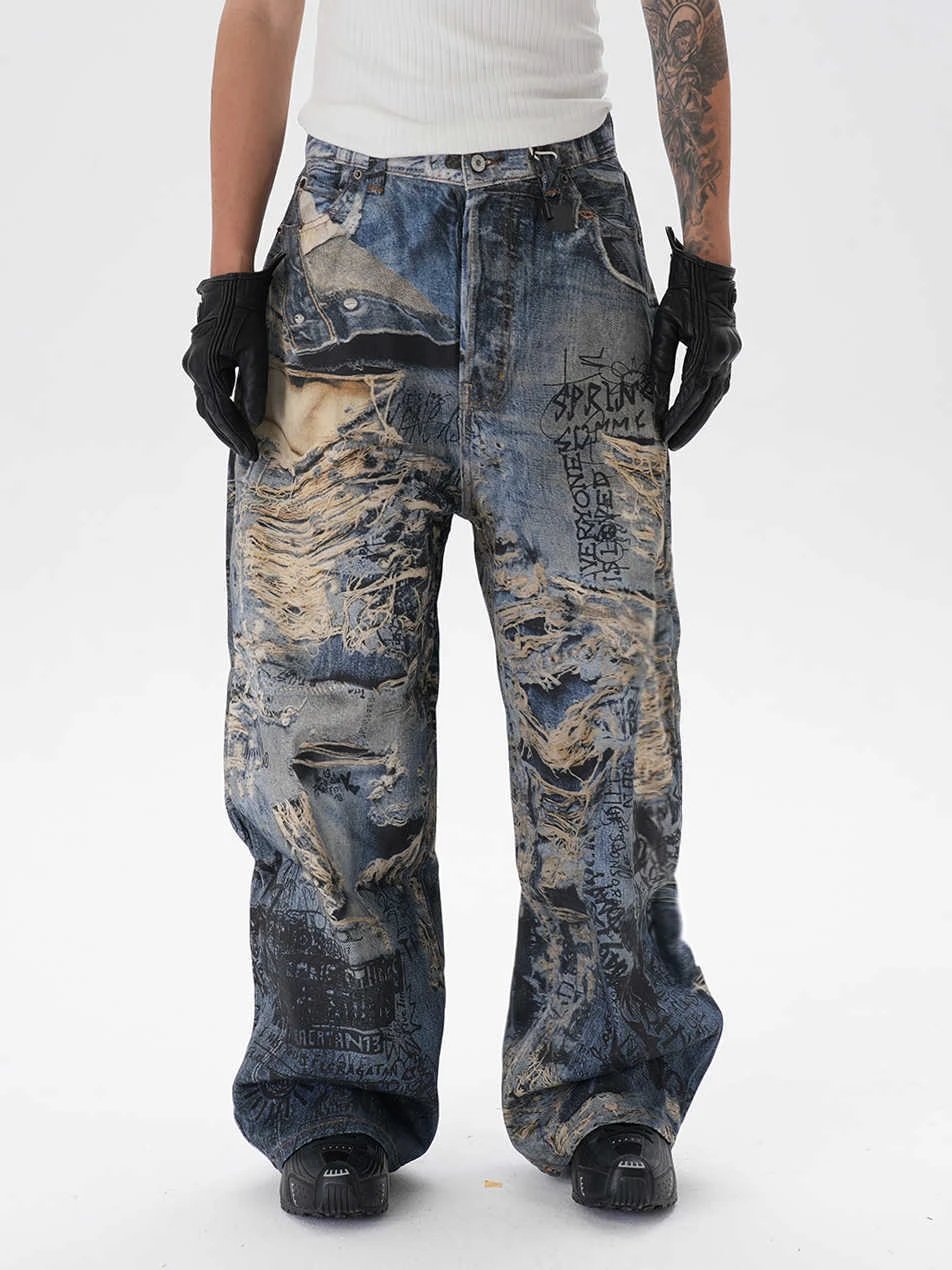 Men's Ripped Graffiti Straight Jeans by GJG Denim