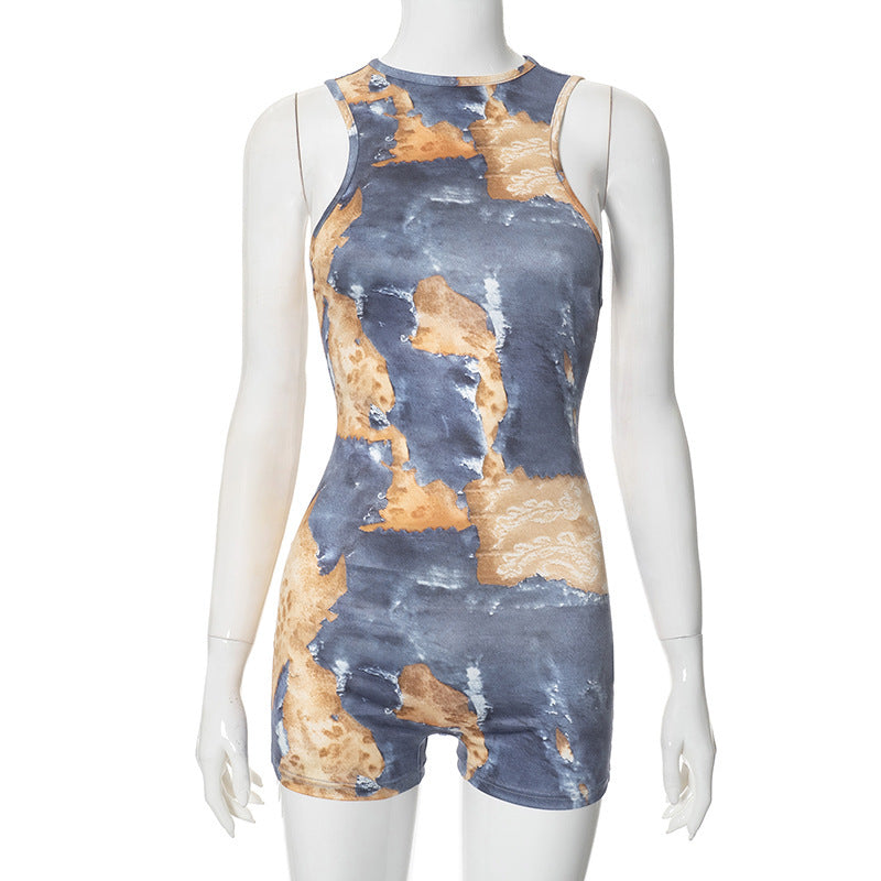 Painted Print Slim Fit Backless One-piece Shorts For Women by GJG Denim