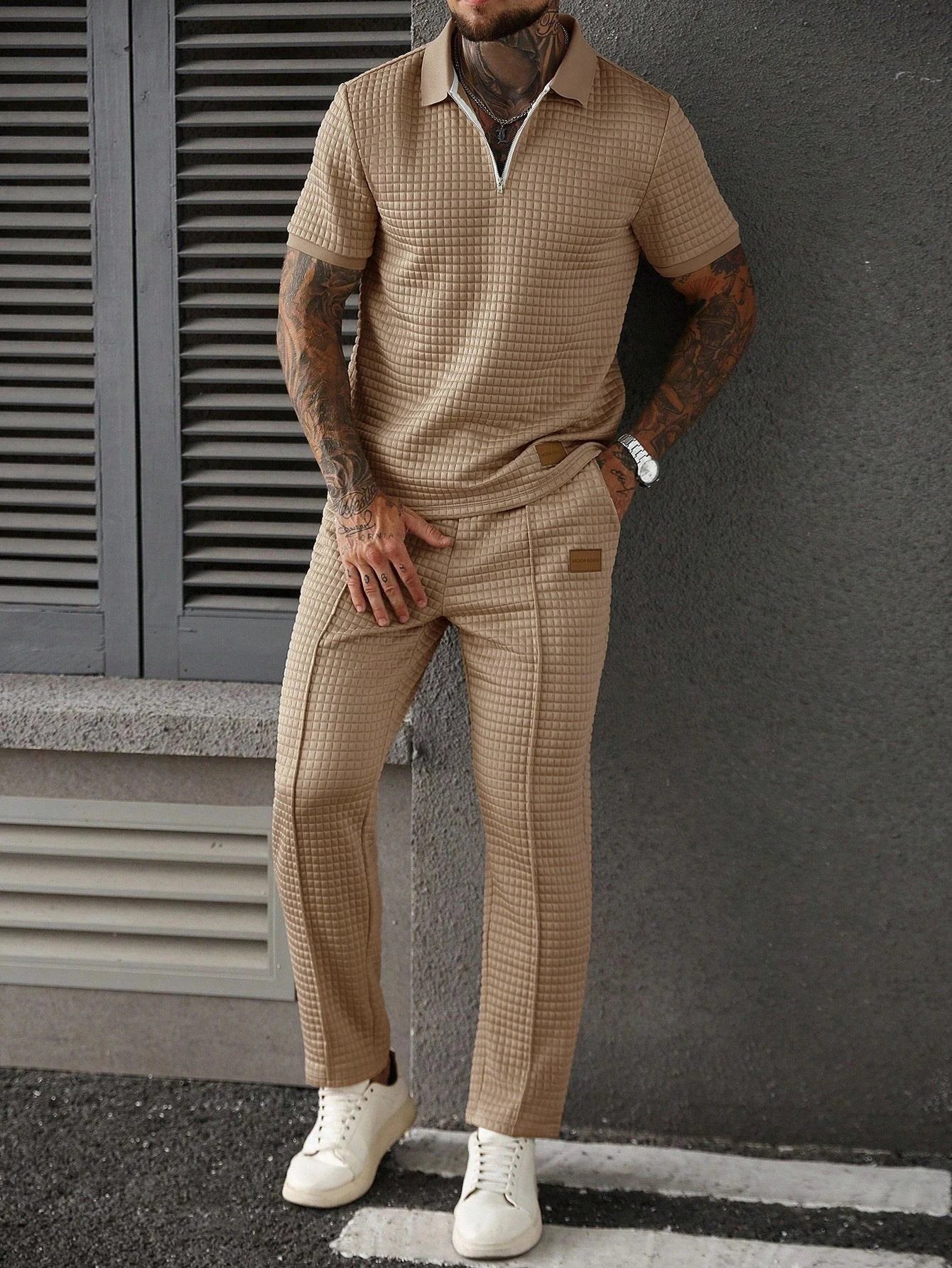 Casual Zip-Up Polo Shirt Top And Pants Two-Piece Set For Men by GJG Denim