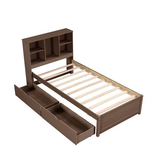 Modern Twin Size Bed Frame With Built-in USB Port On Bookcase Headboard And 2 Drawers Walnut Color by GJG Denim