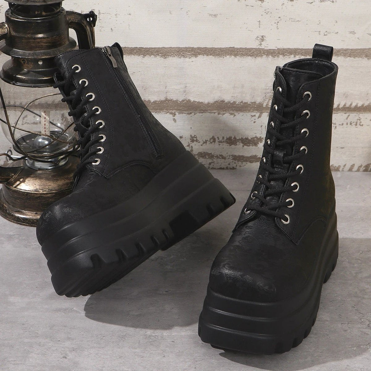 Women's Three-layer Platform Plus Round Toe Patchwork Retro Cool Martin Boots by GJG Denim