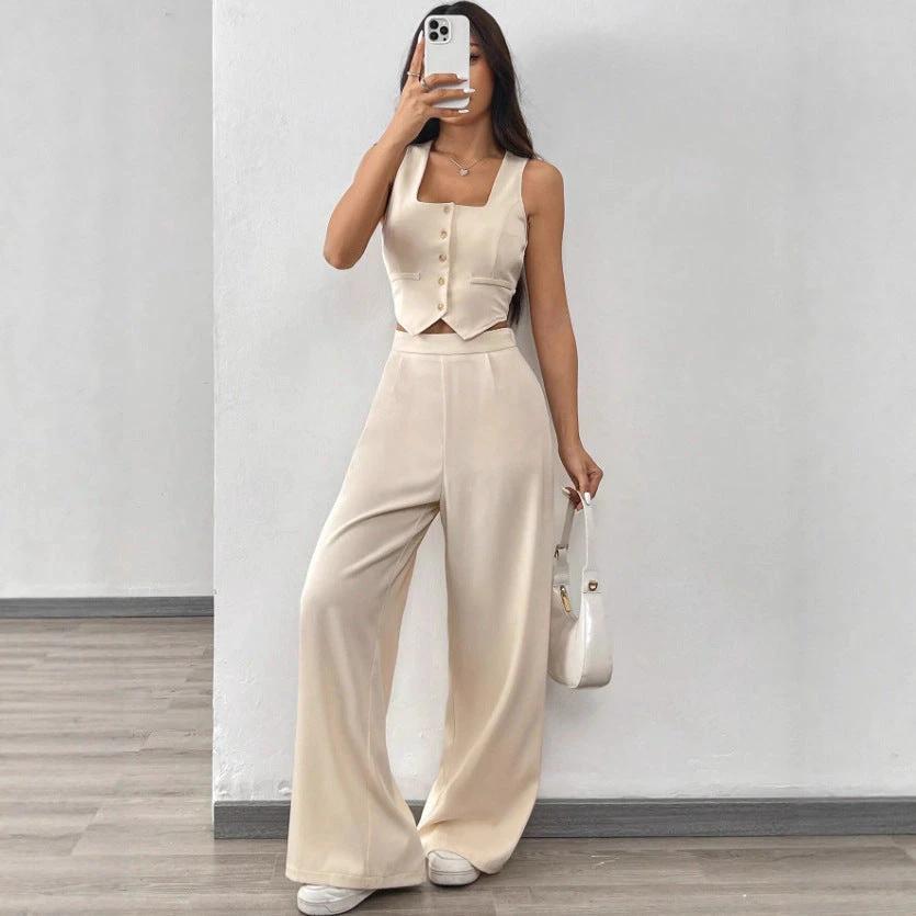 Tight-fitting Tank Top Set With High-waisted Wide-leg Womens Casual Trousers by GJG Denim