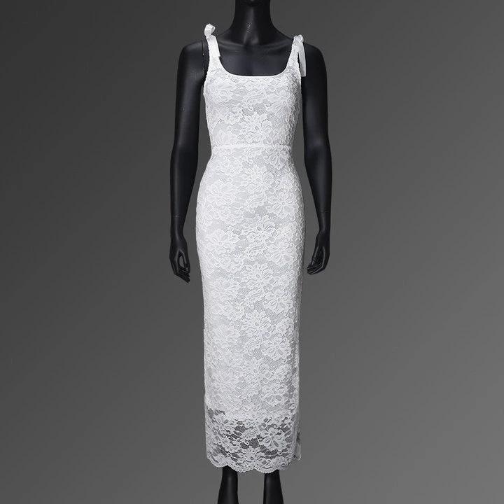 Lace Bow Sexy Backless Lace Double Layer Length Dress by GJG Denim