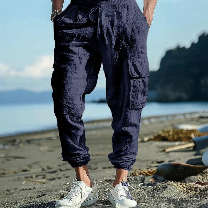 Men's Casual Ankle-tied Multi-pocket Tether Solid Color Loose Pants by GJG Denim