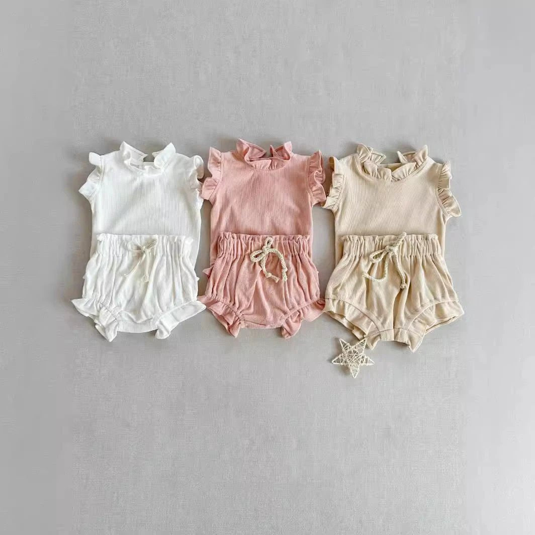 Rib Cotton Short Sleeve Wooden Ear Rompers Jumpsuit by GJG Denim