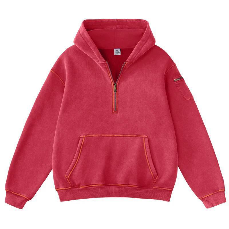 Men's Solid-Color Zip-Up Casual Loose Long-Sleeve Hoodie by GJG Denim