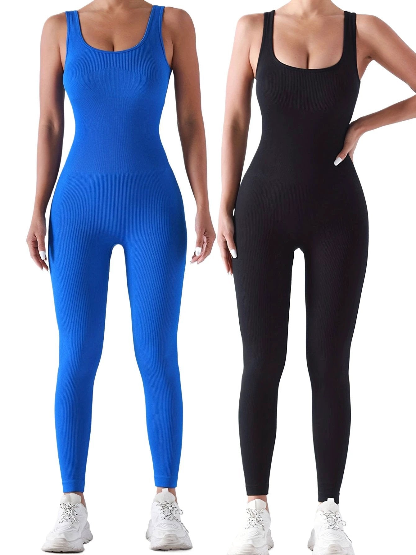2 Pack Women's Ribbed Solid Color One-Piece Jumpsuit, Form-Fitting Sensual Activewear, Classic Sleeveless Full-Length Pants For Sport Casual Wear by GJG Denim