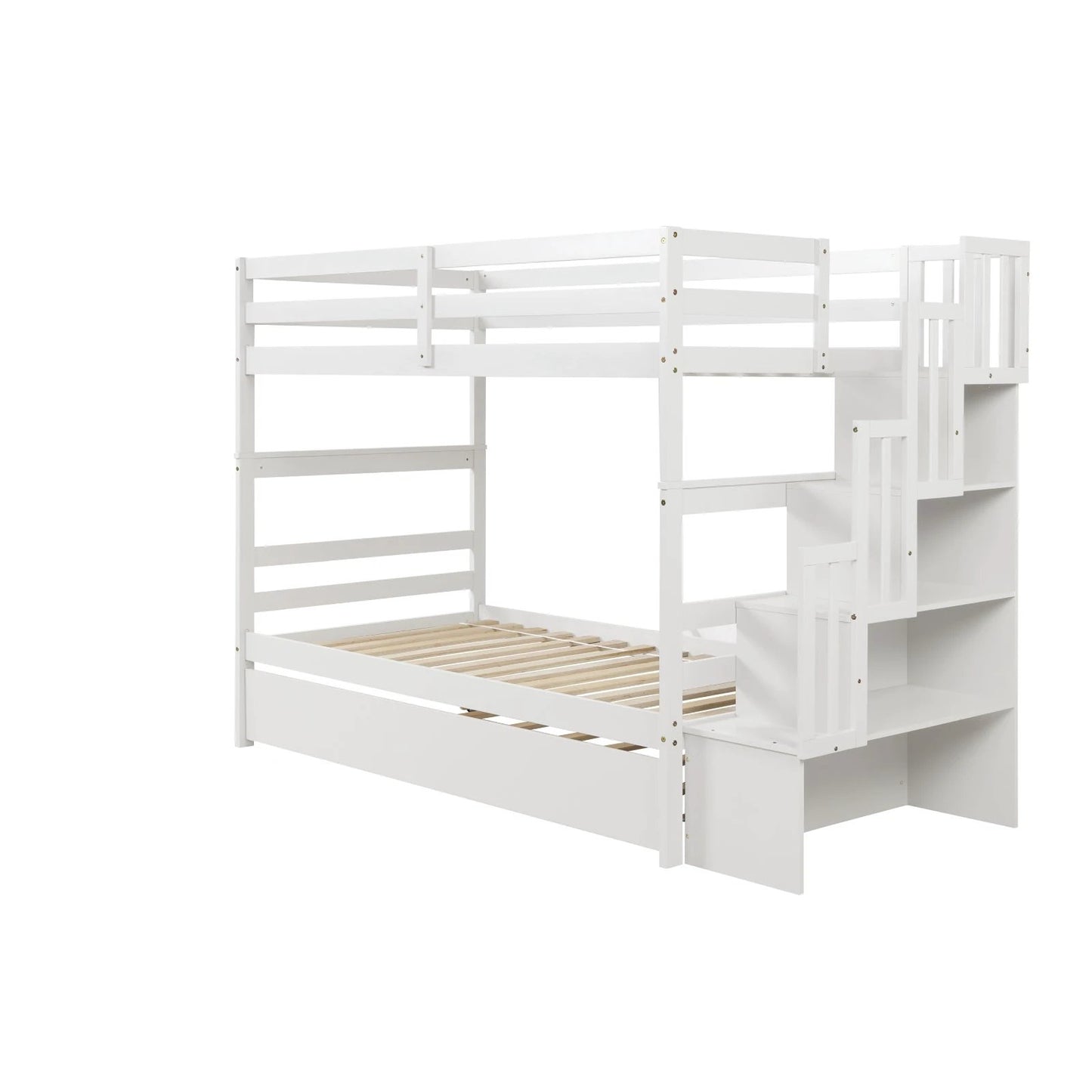 Twin Bunk Beds With Trundle & Stairway Storage In White by GJG Denim