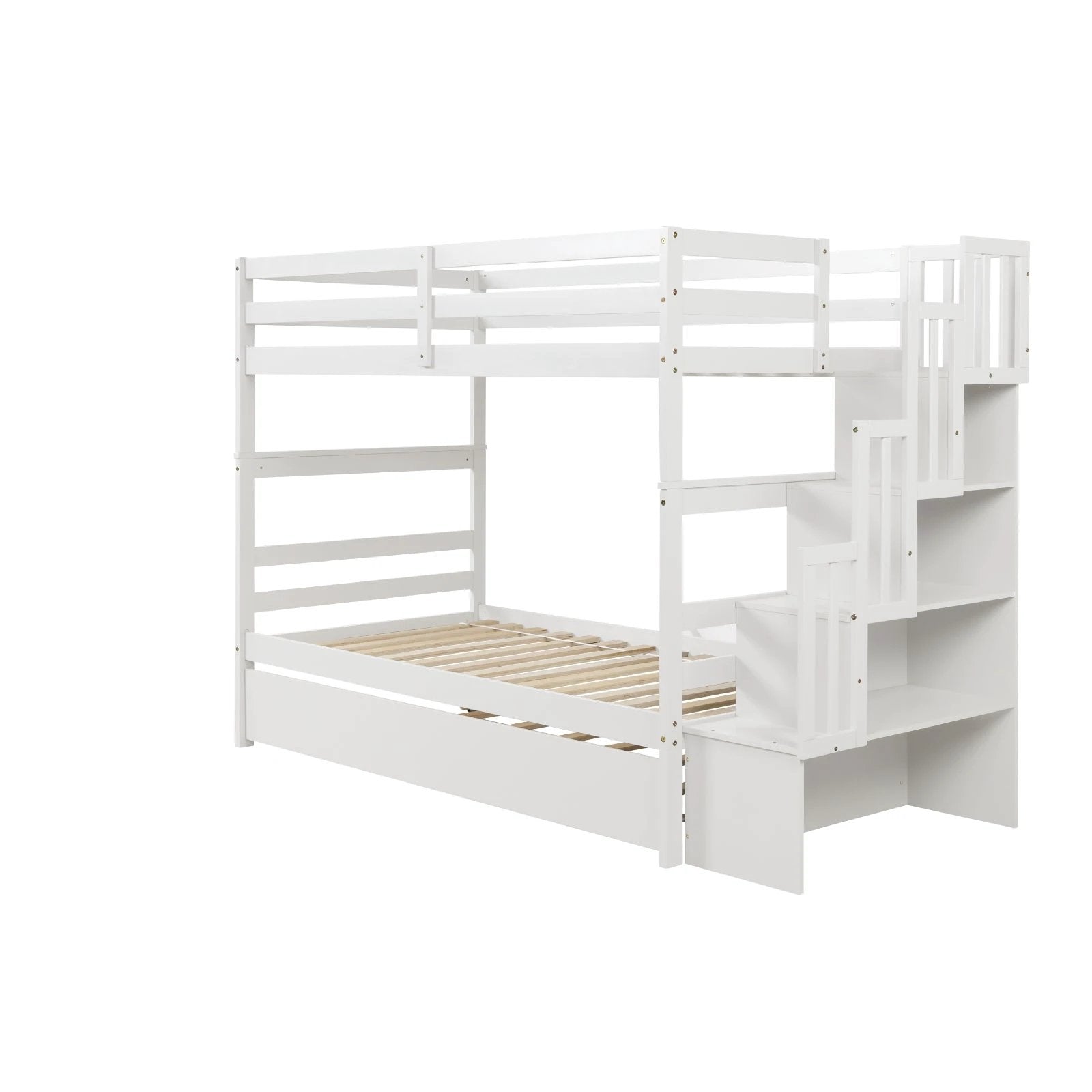 Twin Bunk Beds With Trundle & Stairway Storage In White by GJG Denim