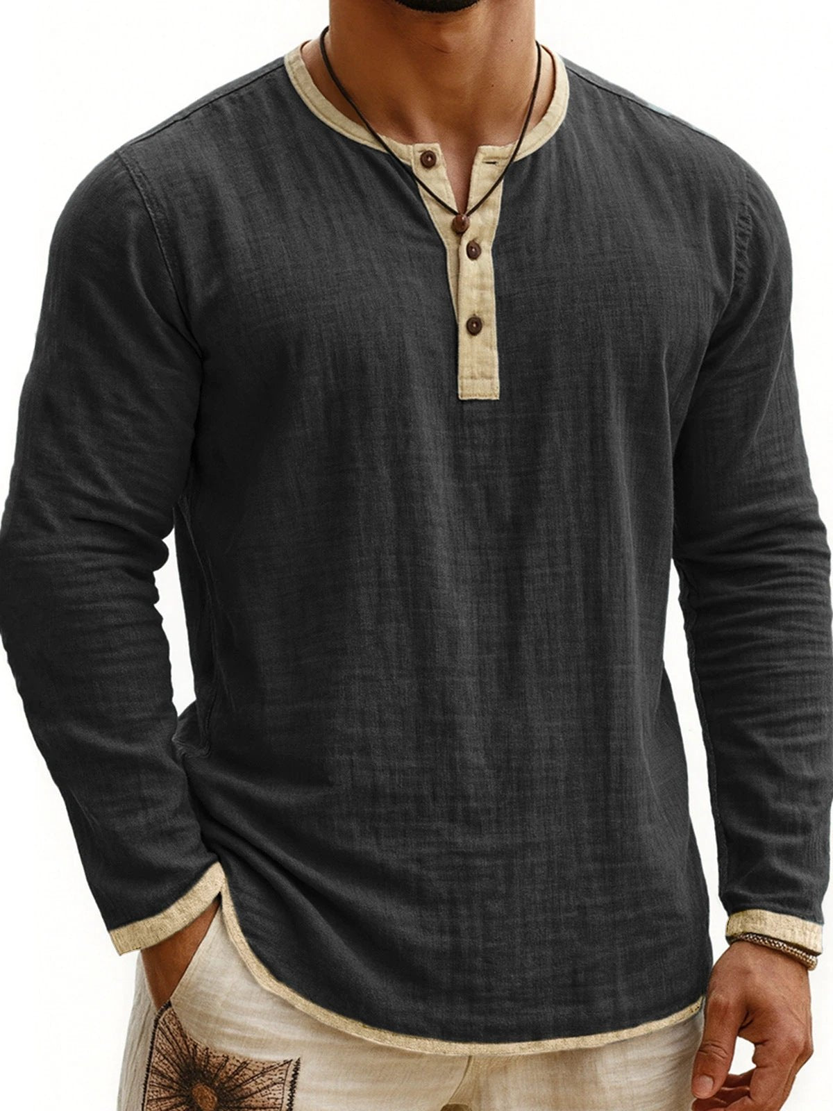 Men's Two-tone Henley Shirt 3-button Casual Long Sleeve Shirt by GJG Denim