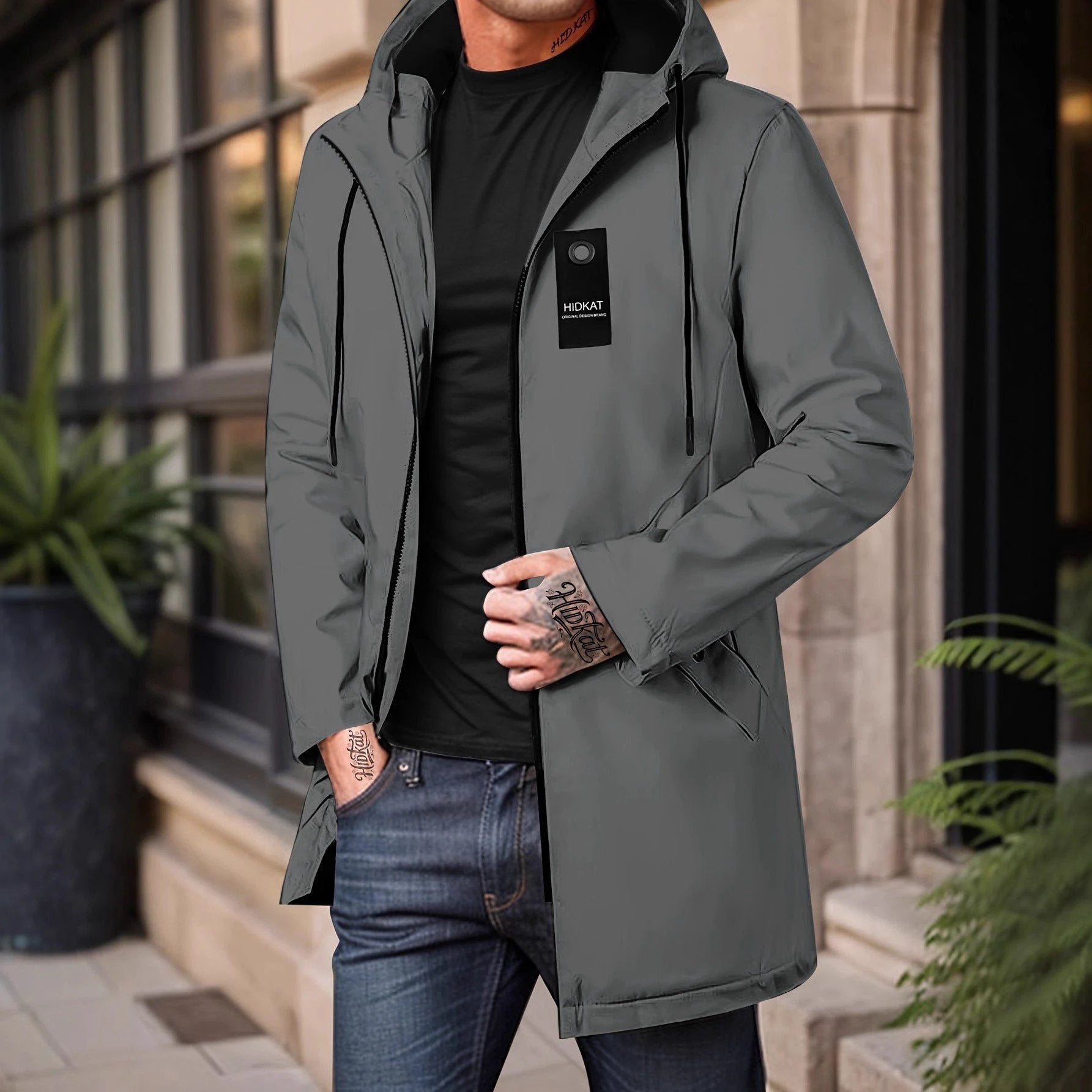 Mid-length Men's Hooded Casual Windproof Jacket by GJG Denim