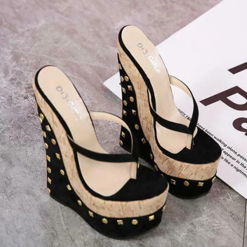 Roman Style Rivets Herringbone Flip Flops Wood Grain Wedge High Heels by GJG Denim