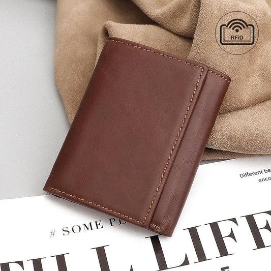 Men's RFID Anti-theft Swiping Multiple Card Slots Short Vintage Leather Wallet by GJG Denim