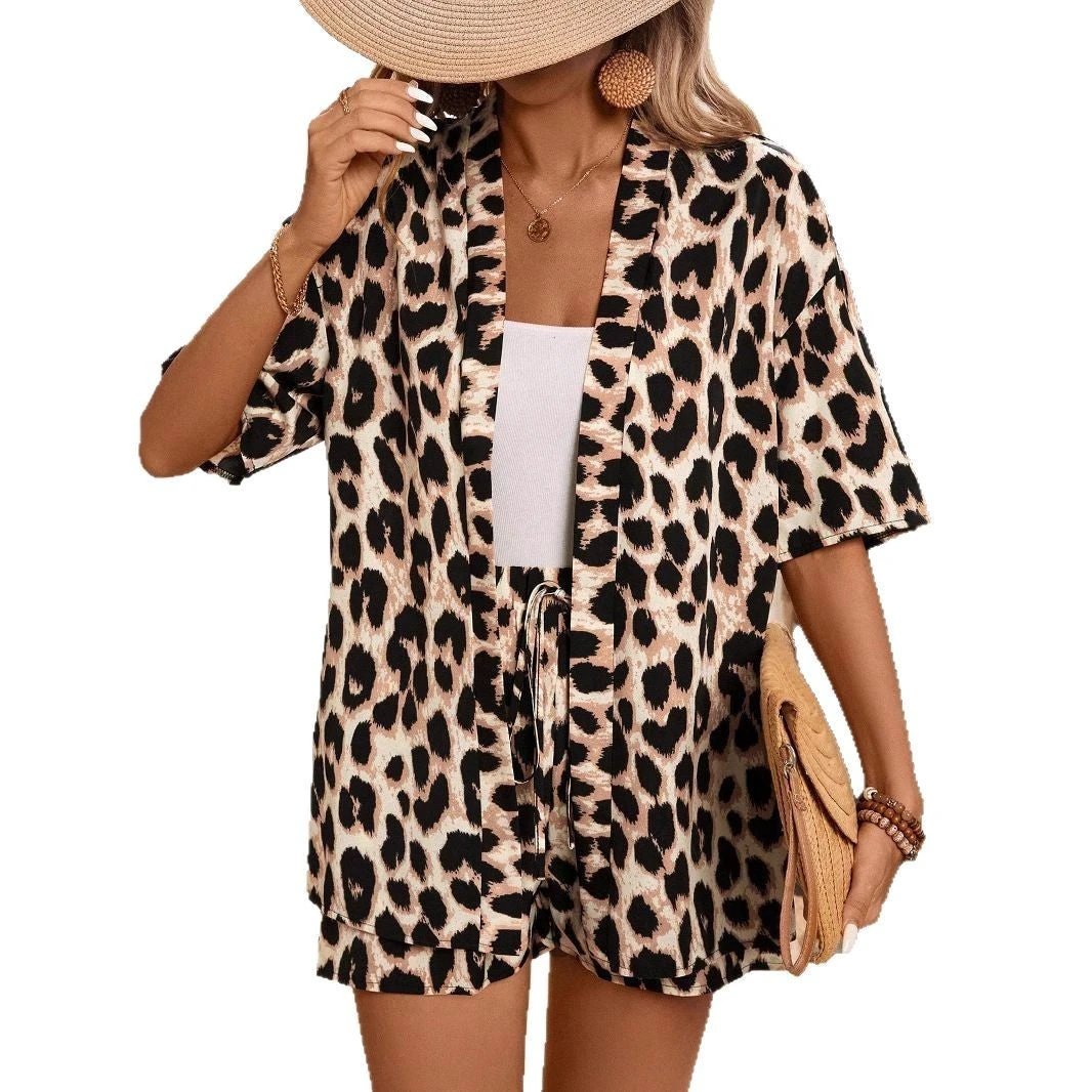 Summer New Leopard Print Cardigan Short Sleeve Top Shorts Two-piece Set by GJG Denim