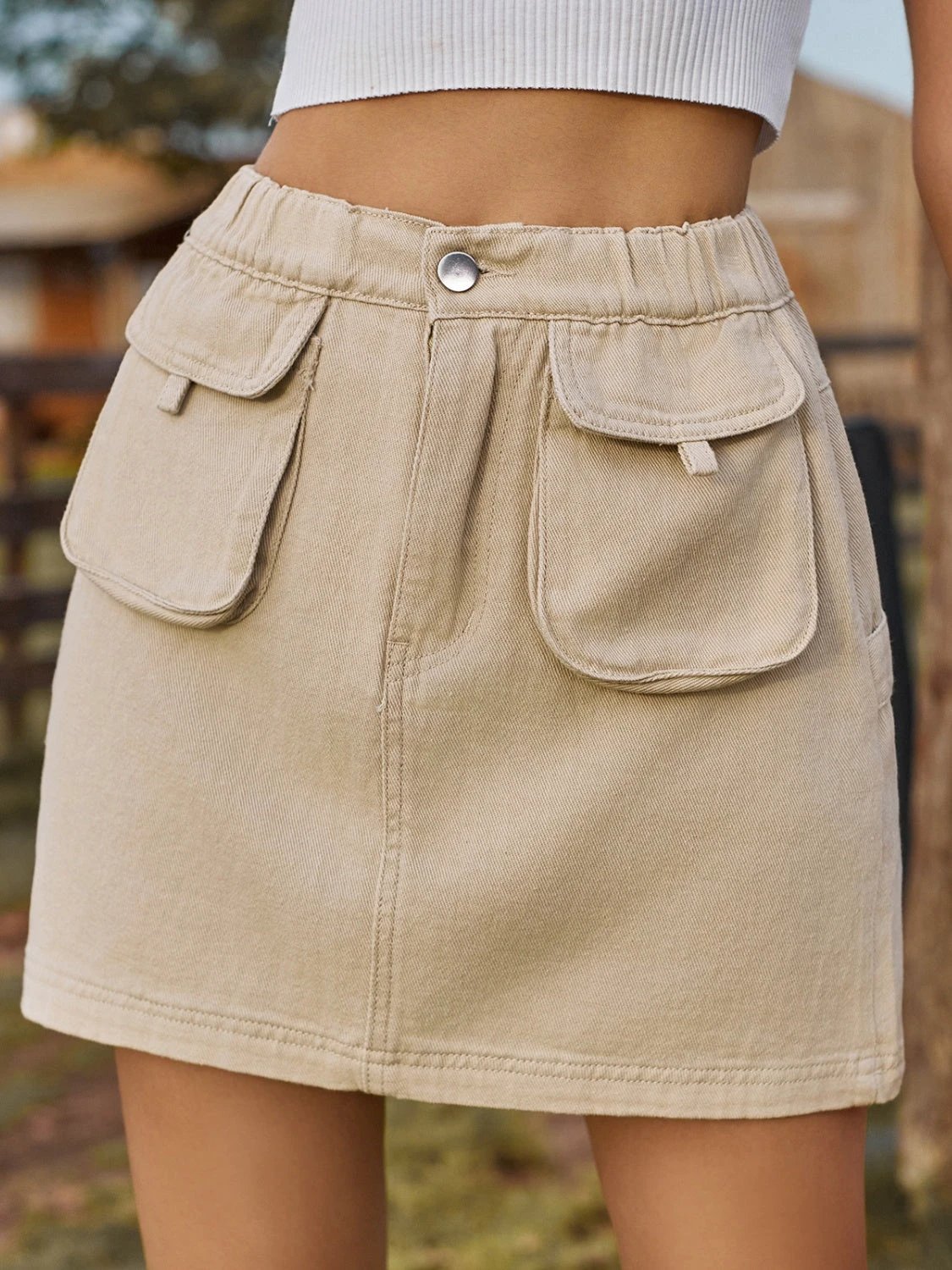 Pocketed Elastic Waist Denim Skirt by Lady Ros