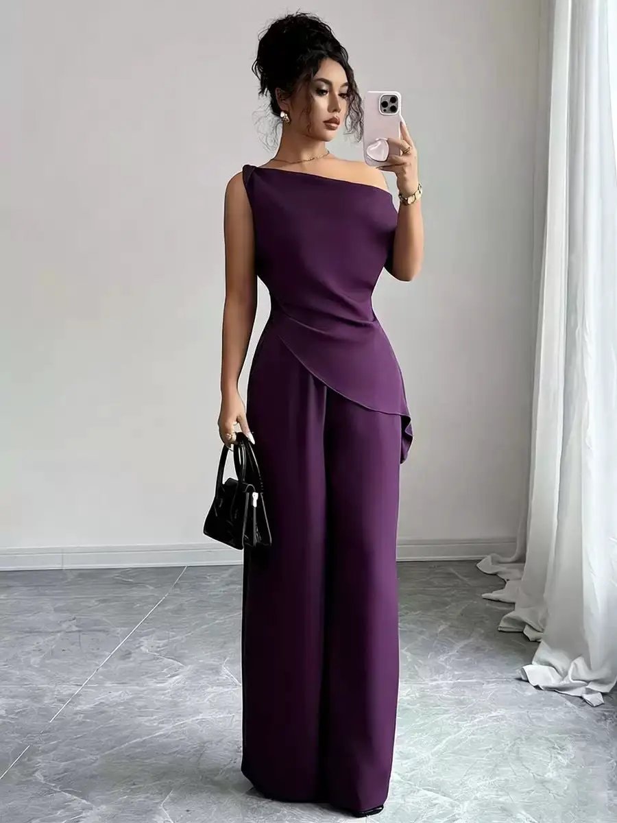 Solid-color Wide-leg Pants Suit For Women by GJG Denim