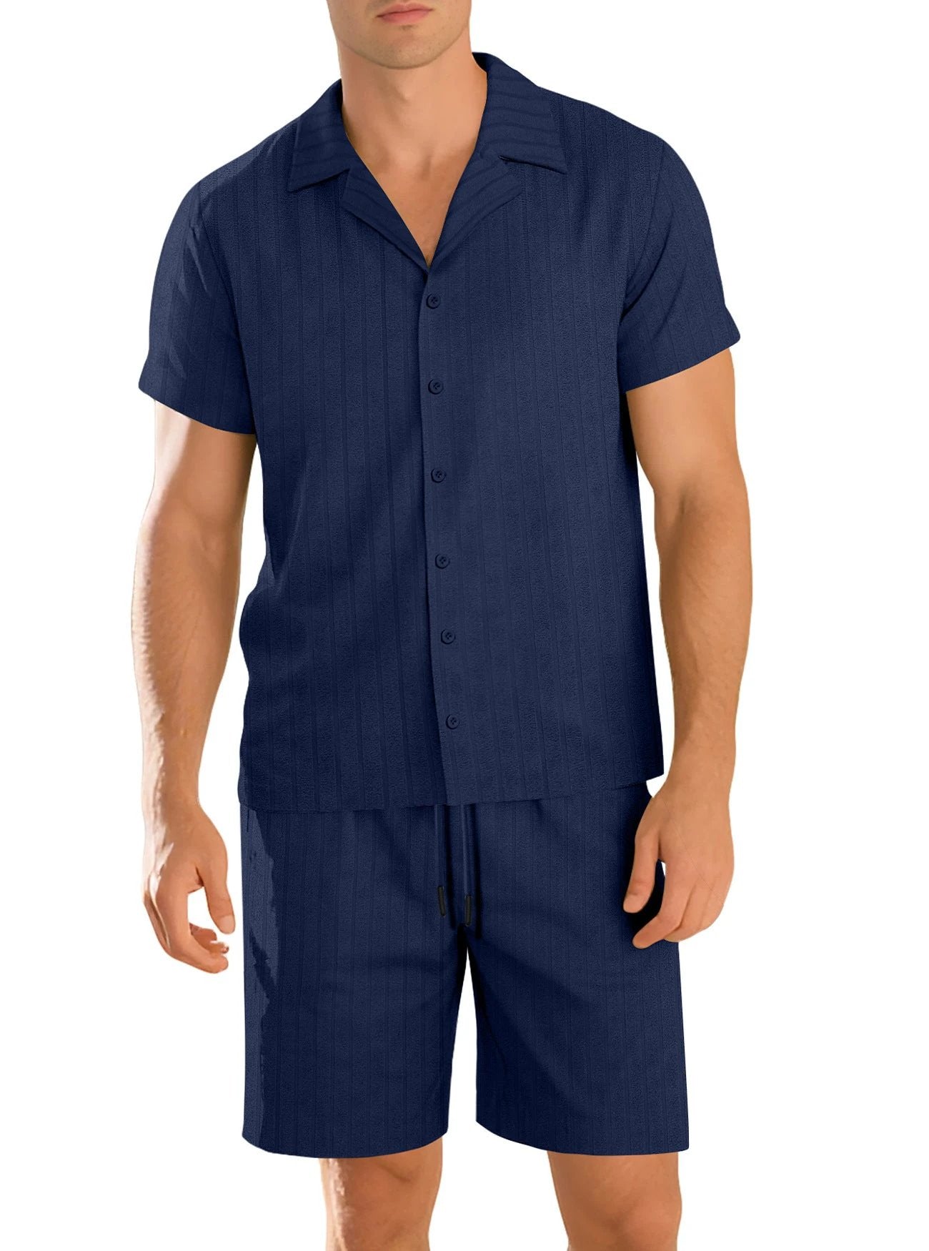 Men's Casual Button-Down Short-Sleeve Shirt And Shorts Set by GJG Denim