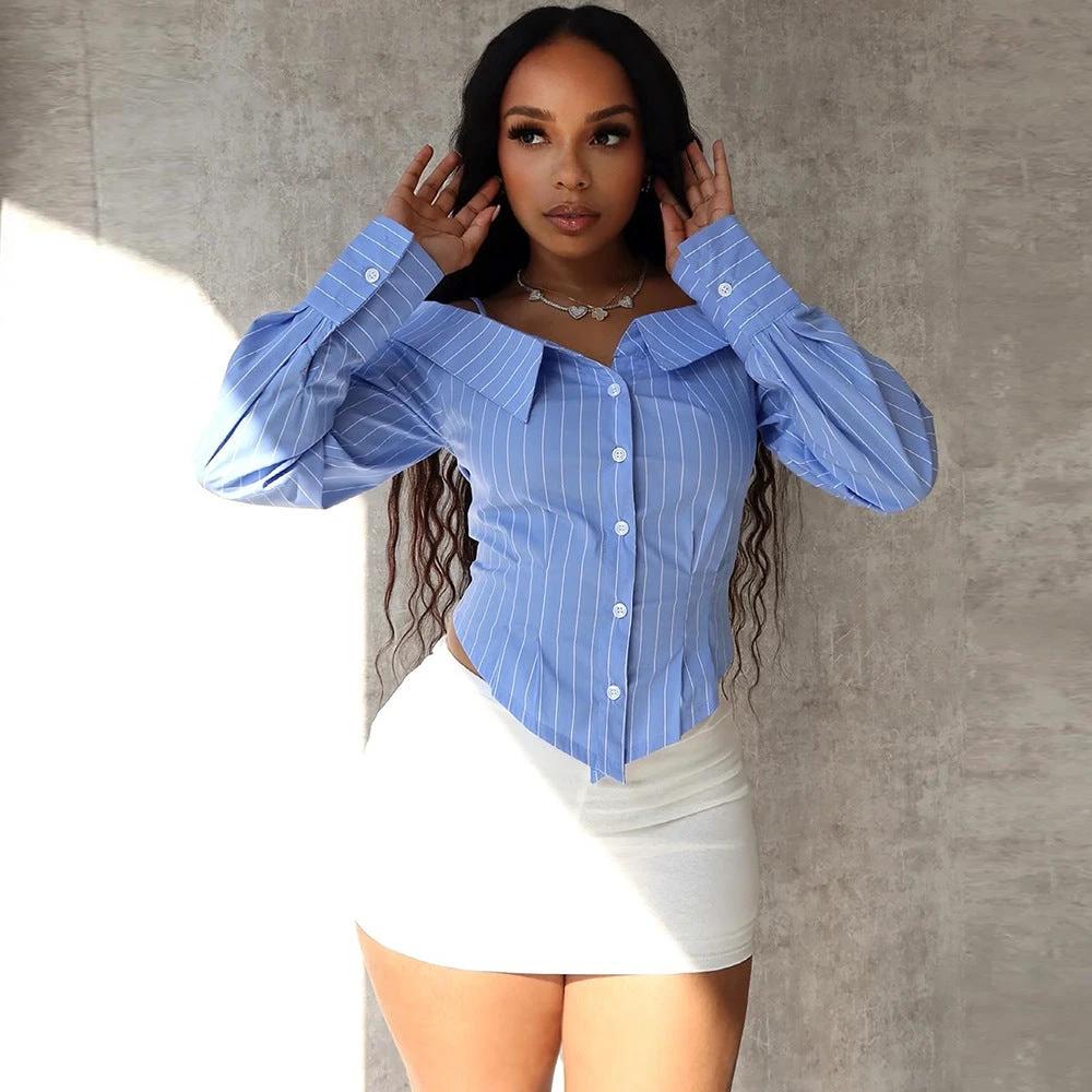 Hot Girl Style Women's Clothing Shirt Long Sleeve Off-the-shoulder Shirt Women by GJG Denim