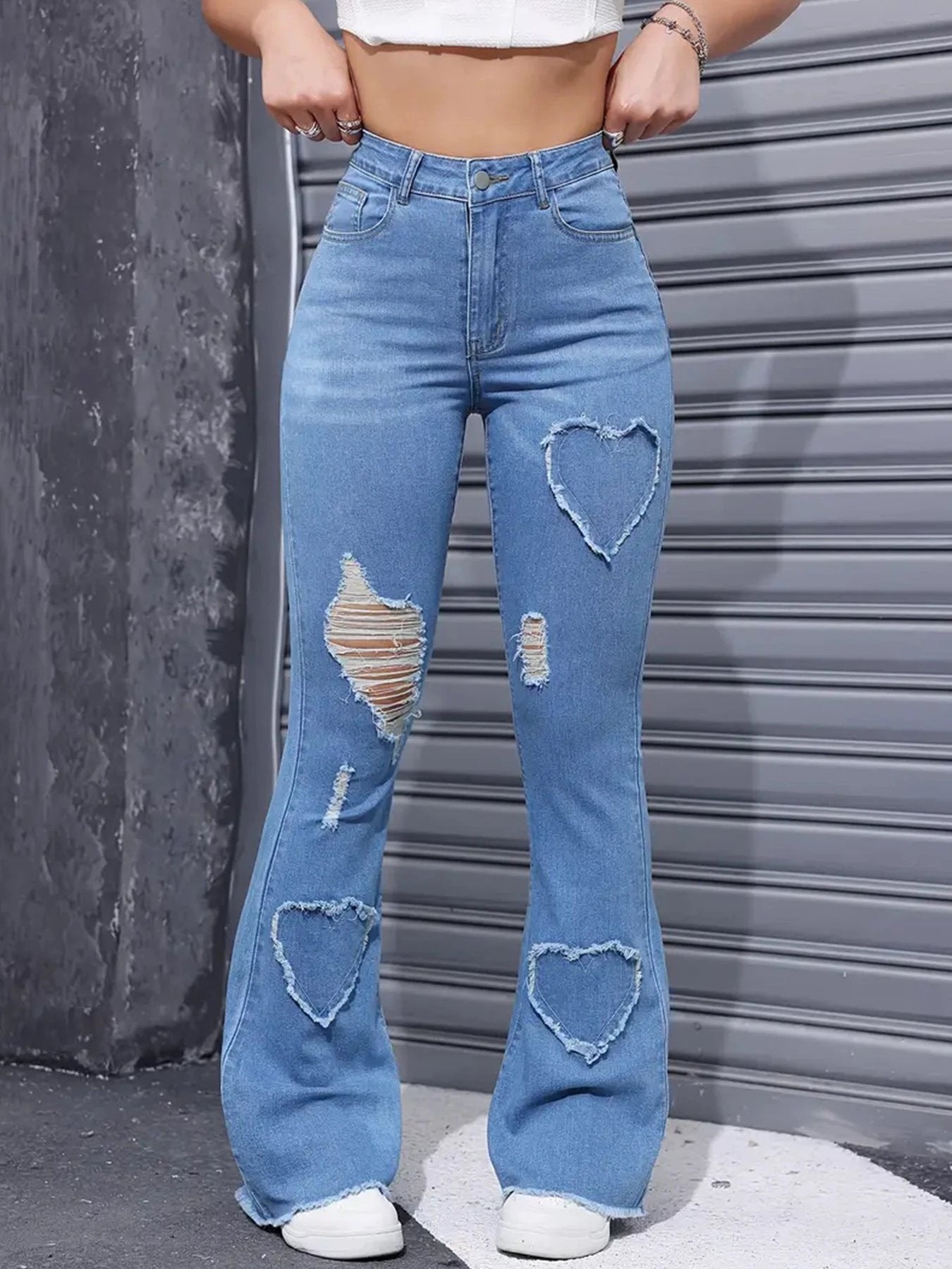 Washed Casual Heart-shaped Ripped Stretch Flared Jeans by GJG Denim