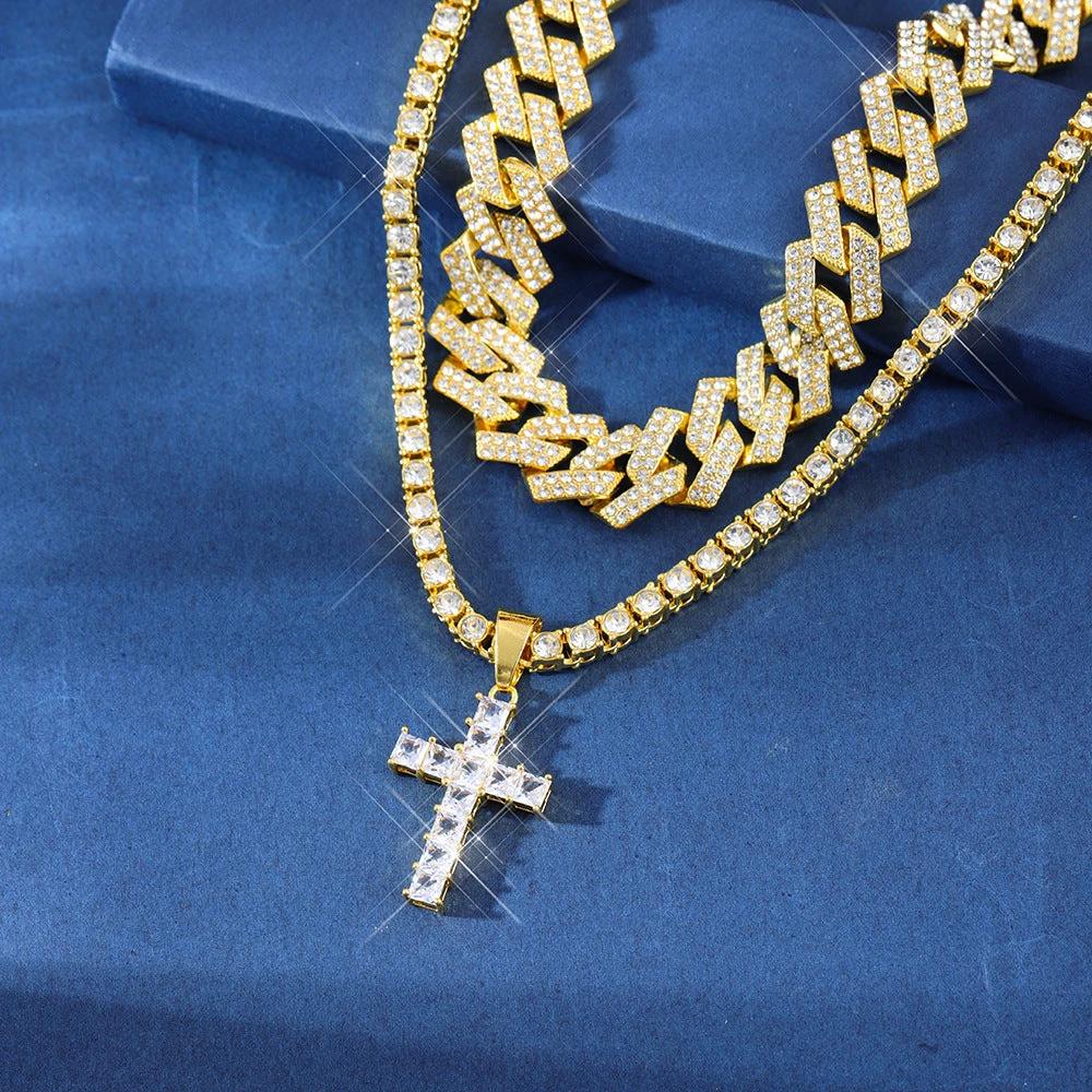 Men's Zircon Cross Pendant Cuban Chain Iced Out Paved Rhinestones Bling Necklaces by GJG Denim