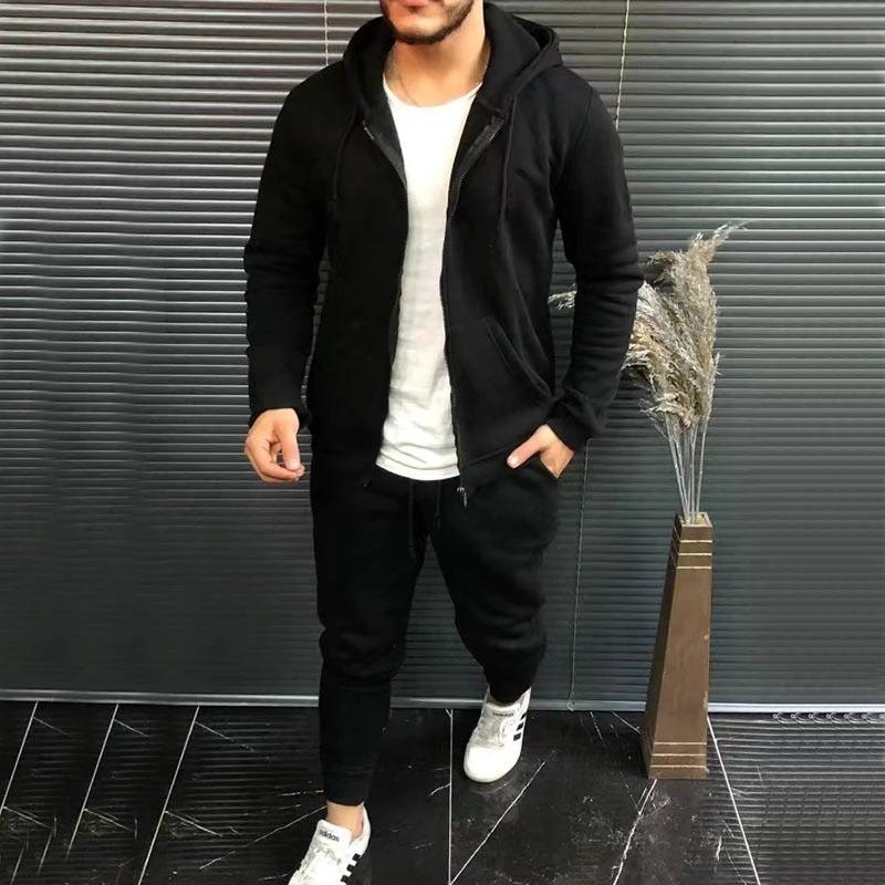 Mens Fashion Solid-Color Casual Hooded Cardigan Set by GJG Denim