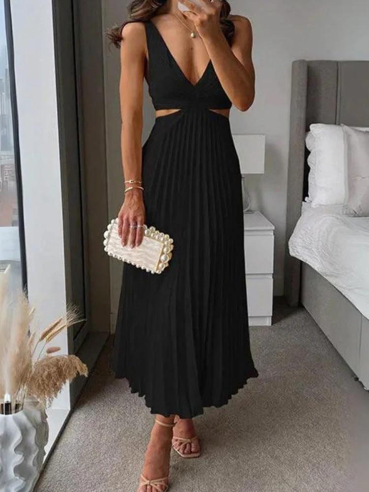 Ins Suspender Pleated Long Dress With Hollow-waisted Design Fashion V-neck Backless Dresses Summer Women's Clothing by GJG Denim