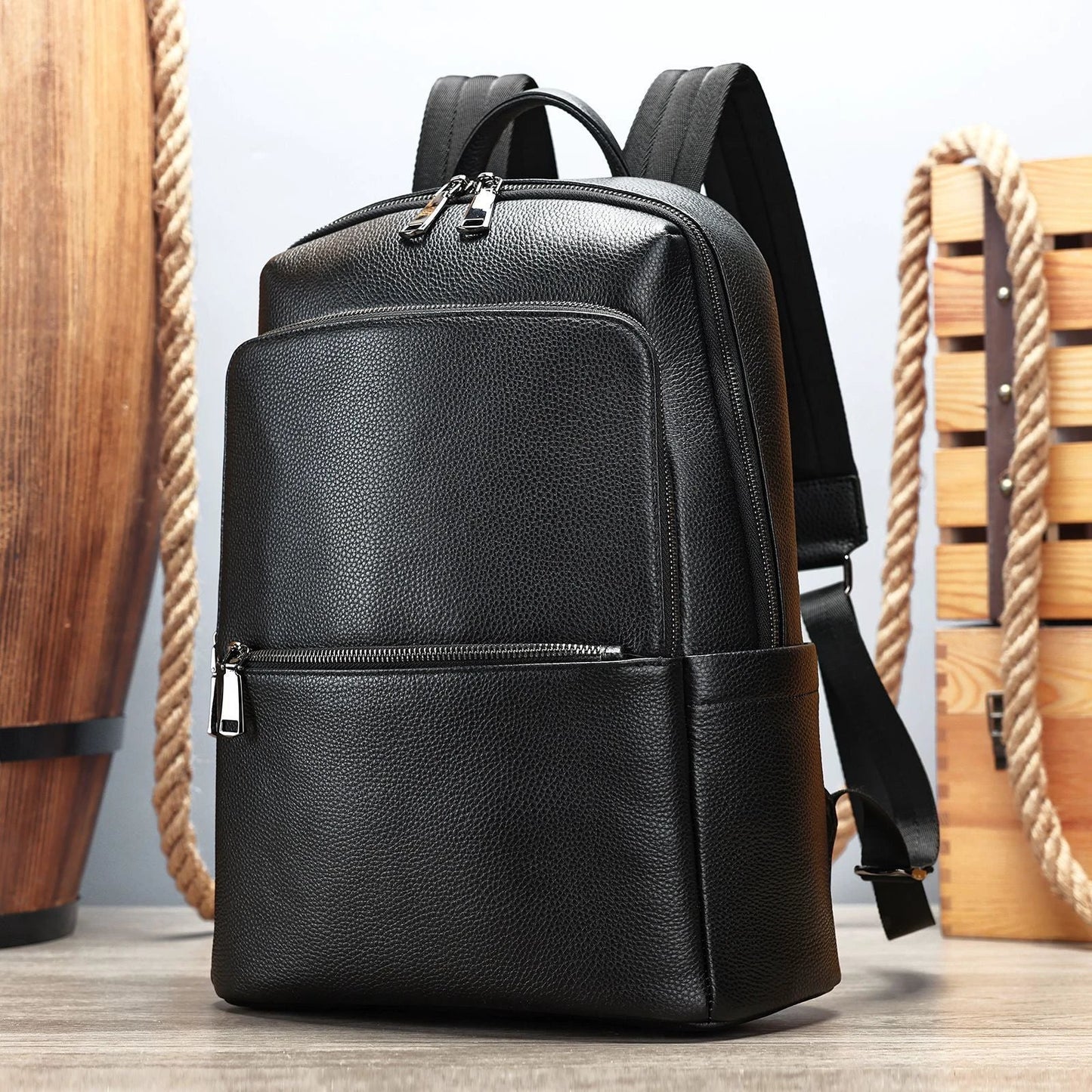 Men's Large Capacity Leather Backpack by GJG Denim
