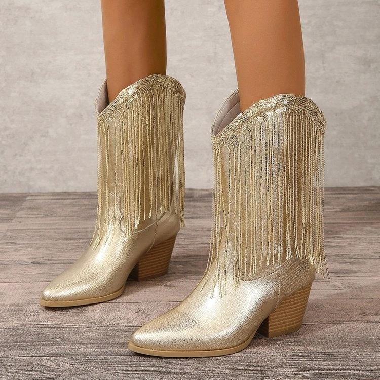 European And American Fashion Middle Fashion Boots Female Retro Chunky Heel Pleated Western Knight by GJG Denim