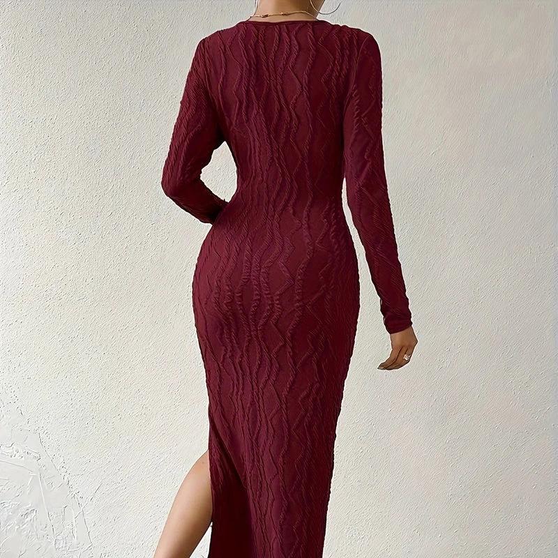 Women's Crew Neck Long Sleeve Ribbed Dress Side Slit Knit Bodycon Midi Dress by GJG Denim