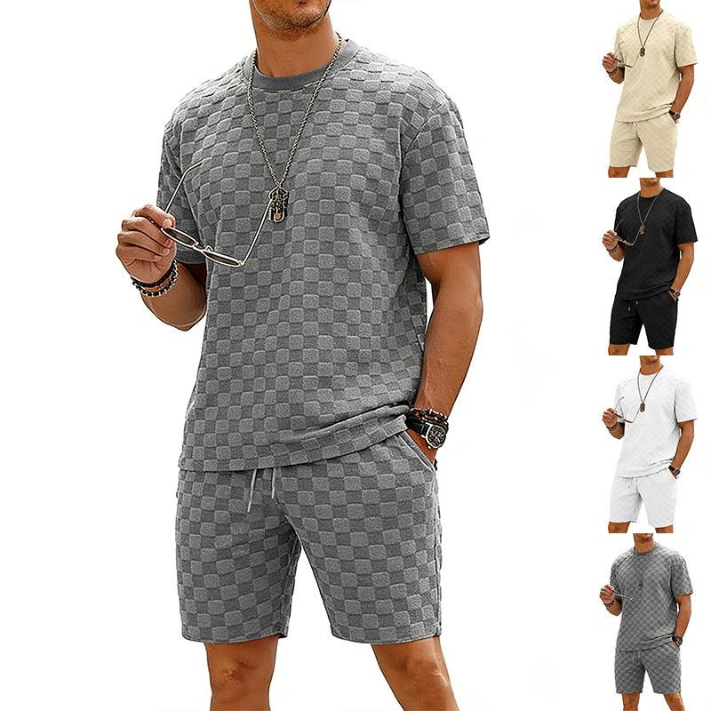 Checkered Mens Short-sleeve T-shirt And Casual Shorts Set by GJG Denim