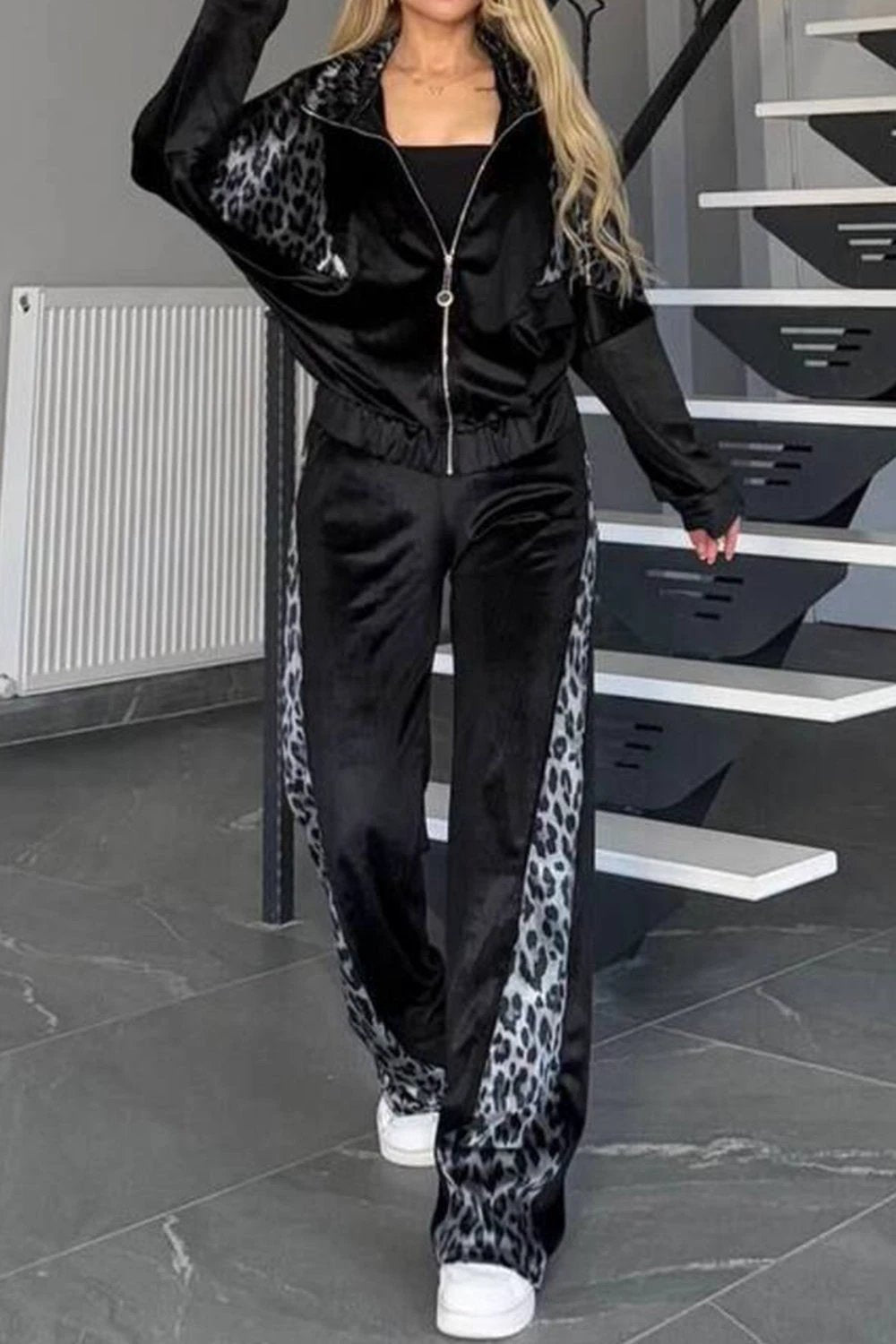 Full Size Collared Neck Leopard Zip Up Top and Pants Set Plus Size by Lady Ros