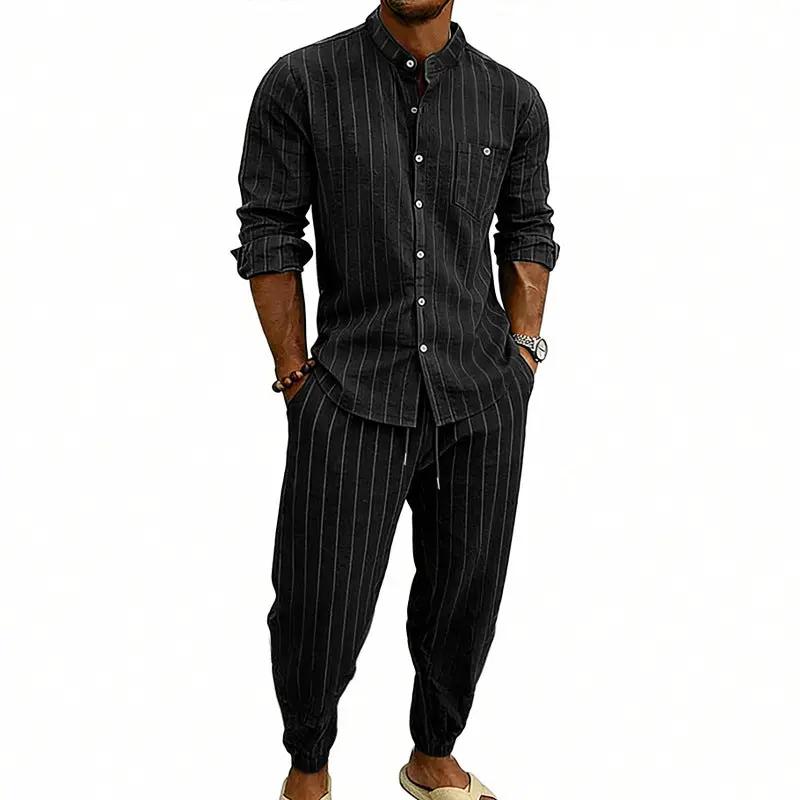 High-street Striped Henley Shirt Jogger Pants Set by GJG Denim