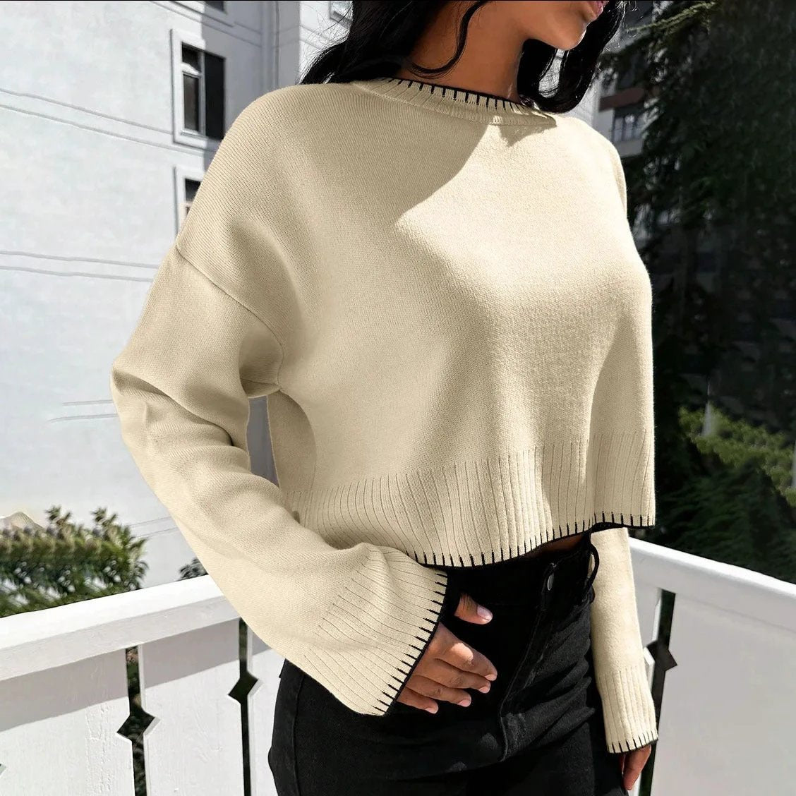 High-waisted Color-block Loose-fitting Cropped Pullover Knit Sweater by GJG Denim