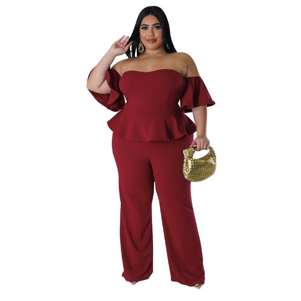 Sexy Off-shoulder Short-sleeve Wide-leg Stretch Jumpsuit by GJG Denim