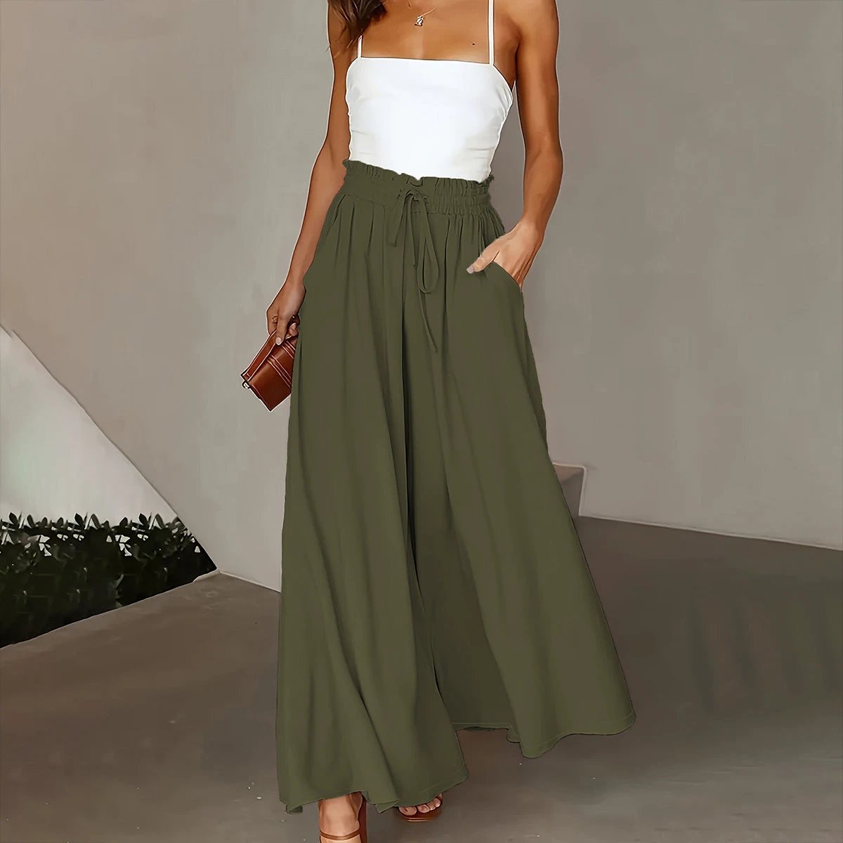 Plus Size Wide Leg Pants - Stylish Solid Paper Bag Waist Design, Elegant Pocket Tie Front, Loose Fit For Comfort, Perfect For Spring & Summer, Women's Fashionable Clothing For Curvy Figures by GJG Denim
