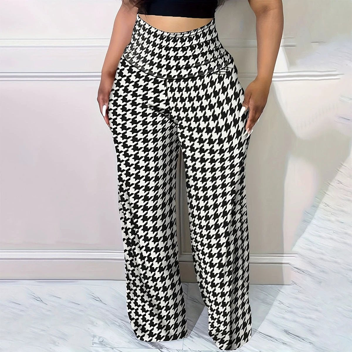 Plus Size Bird Check Comfortable Loose Women's Straight Leg Pants by GJG Denim