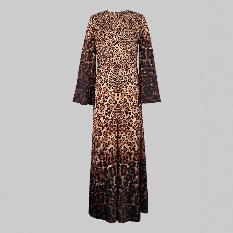 Womens Leopard-Print Crew-Neck Long-Sleeve Flare-Sleeve Jumpsuit by GJG Denim