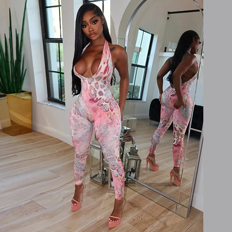 European And American-style Sexy Leopard-print Back-cutout Bodycon Jumpsuit by GJG Denim