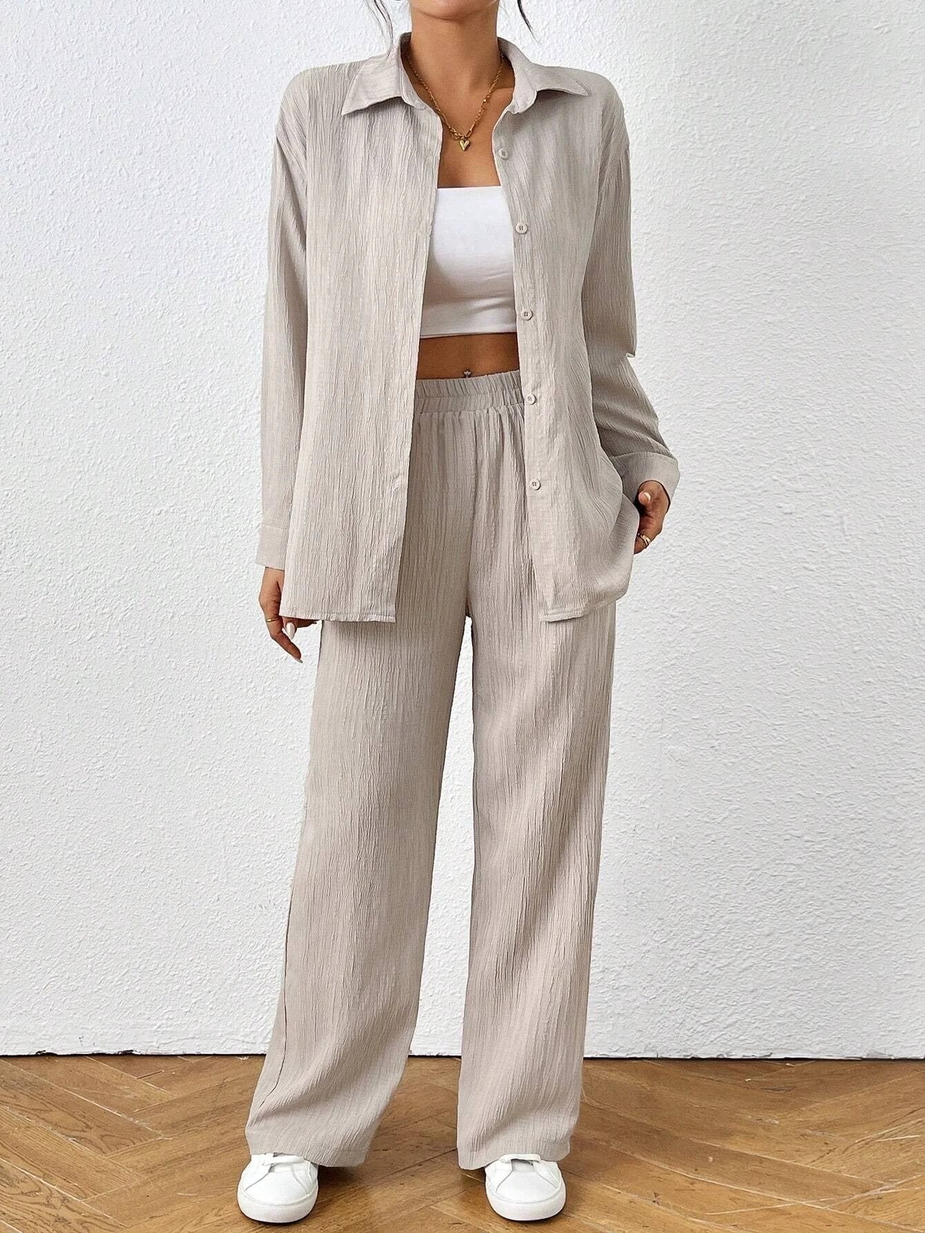 Solid Color Long Sleeved Shirt And Pants Set by GJG Denim
