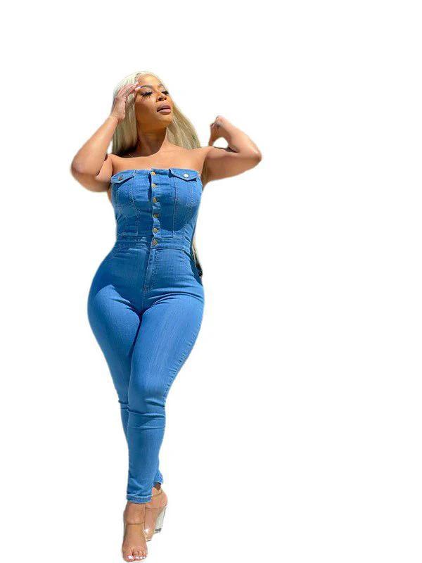 Tube Top Off-shoulder Slim Fit Denim Jumpsuit by GJG Denim