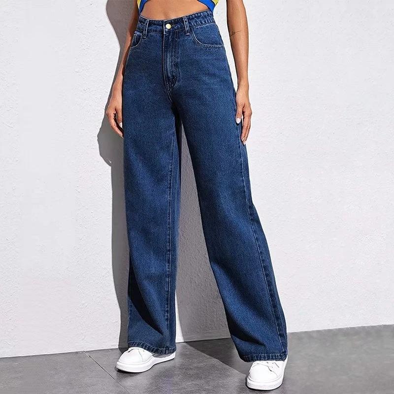 Washed Fashion Straight Jeans Women's Mid Waist by GJG Denim