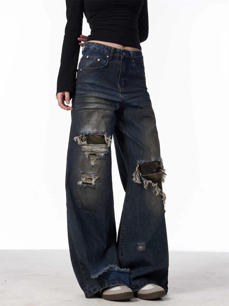 Distressed Camouflage Patch Ripped Jeans Women Loose Straight-leg Wide-leg Pants by GJG Denim
