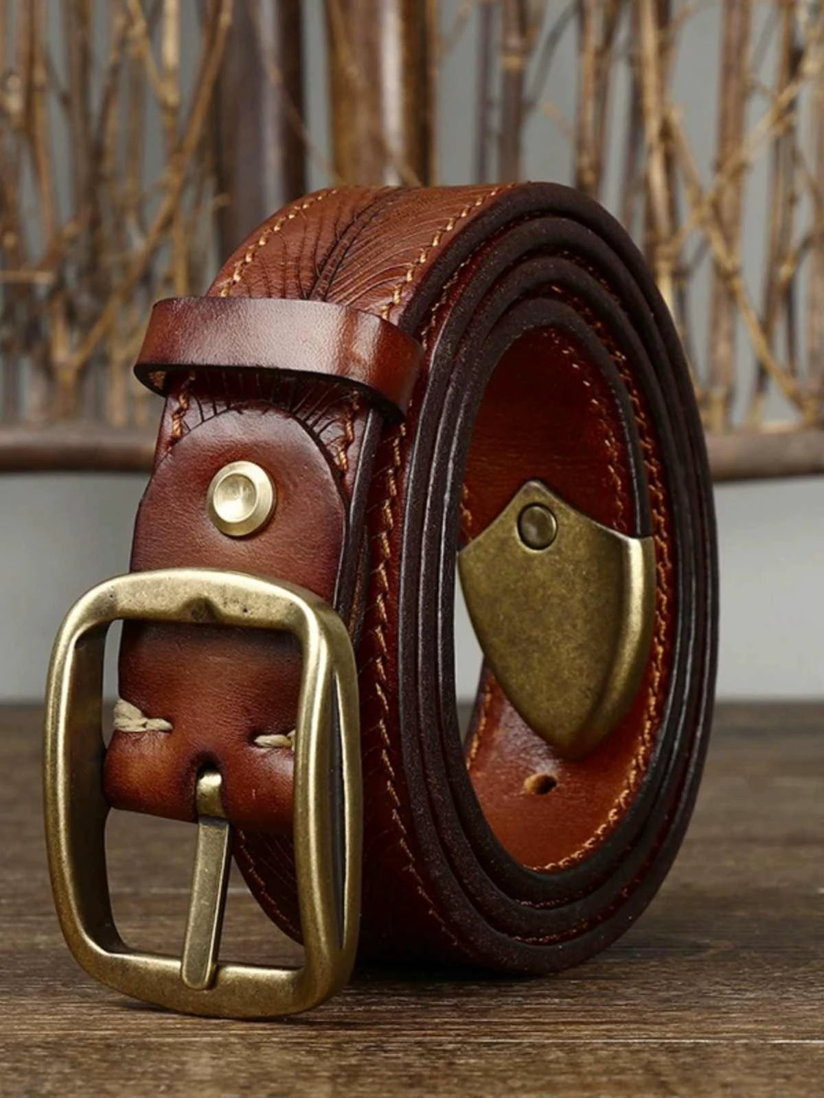 Men's 3.8CM Wide Thick Double-sided Cowhide Brass Buckle Belts by GJG Denim