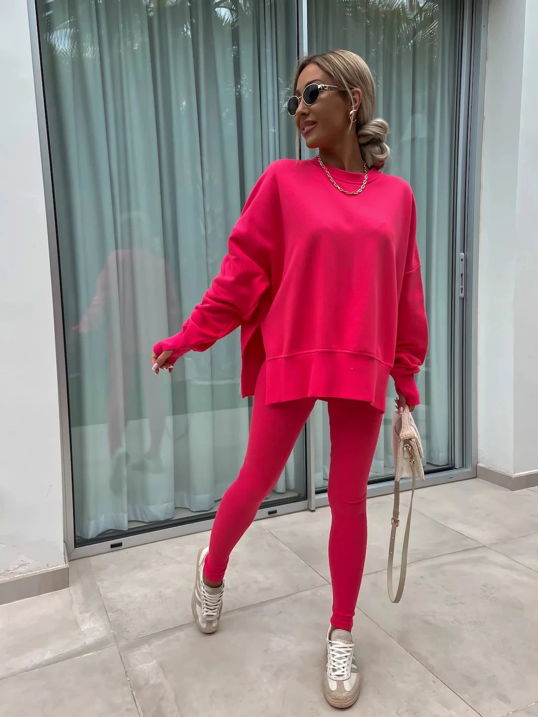 Sweater Suit Women's Casual Loose Long Sleeve Crew Neck Split Top Tight Trousers by GJG Denim