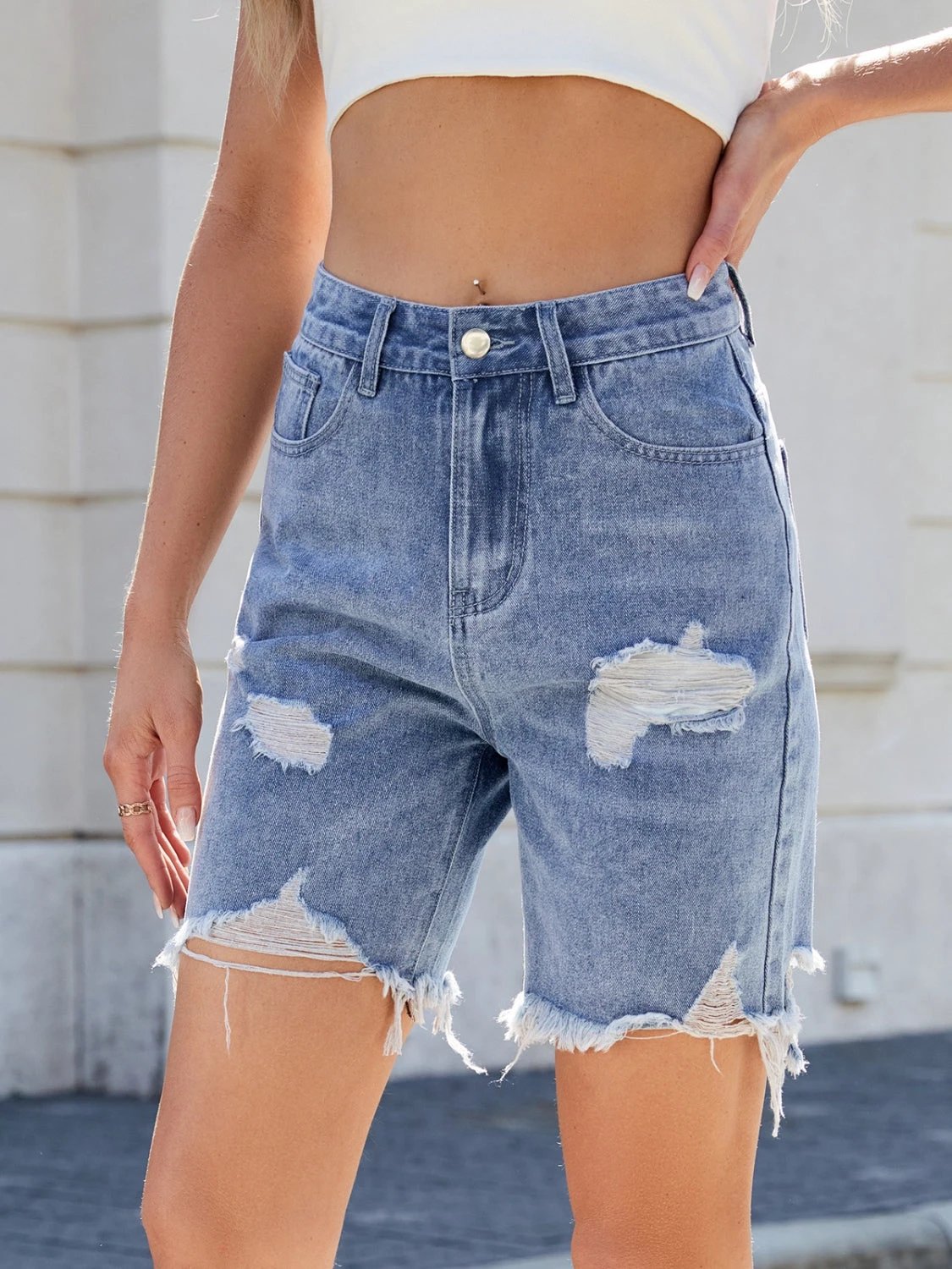 Distressed Raw Hem Denim Shorts by Lady Ros